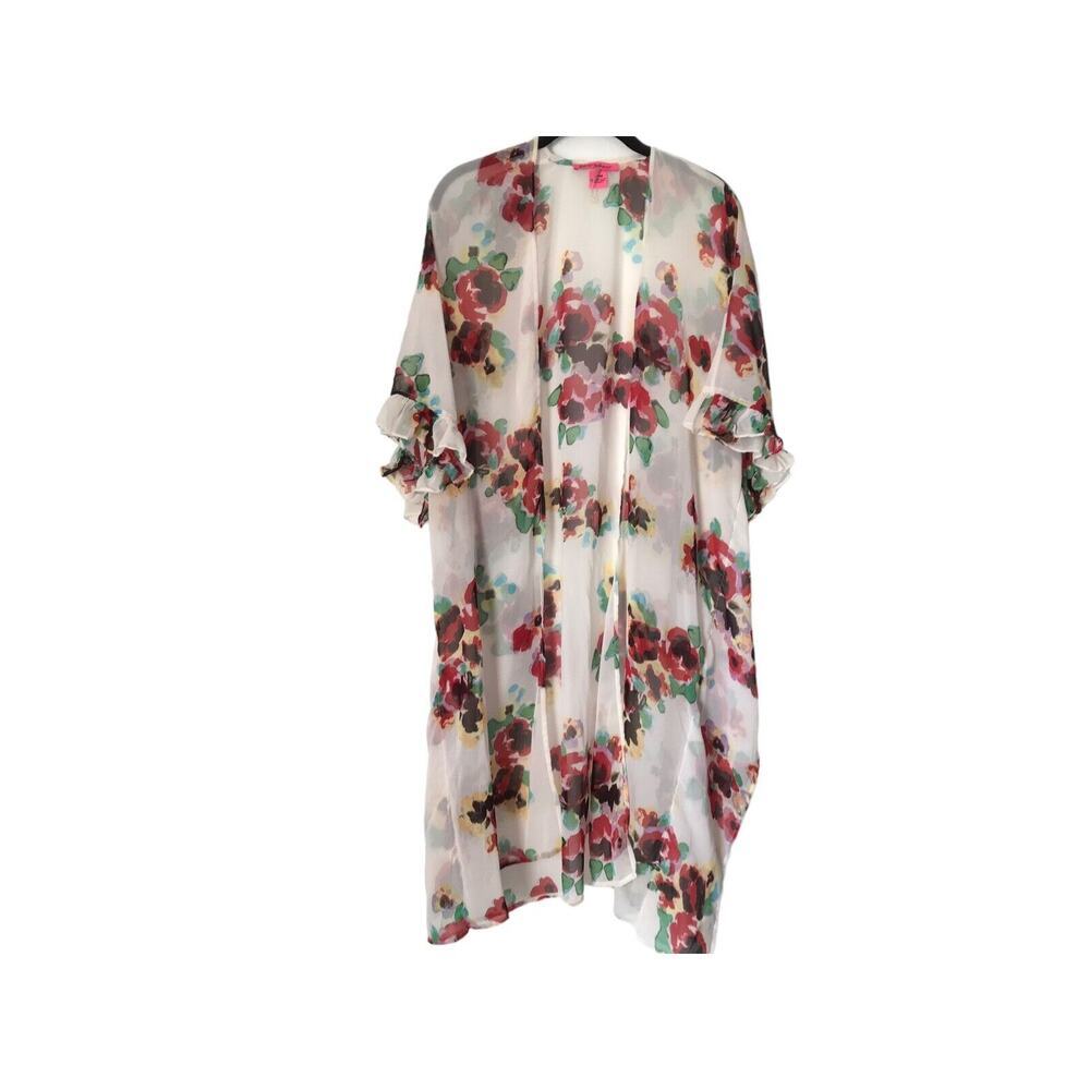 Betsey Johnson Kimono OSFM Sheer White Floral Cardigan Duster Polyester Cover Up